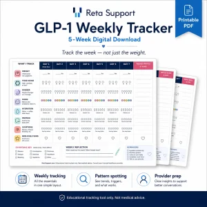 Reta Support GLP-1 Weekly Tracker 5-week printable PDF for weight, food noise, hydration, protein, symptoms, non-scale wins, and provider prep