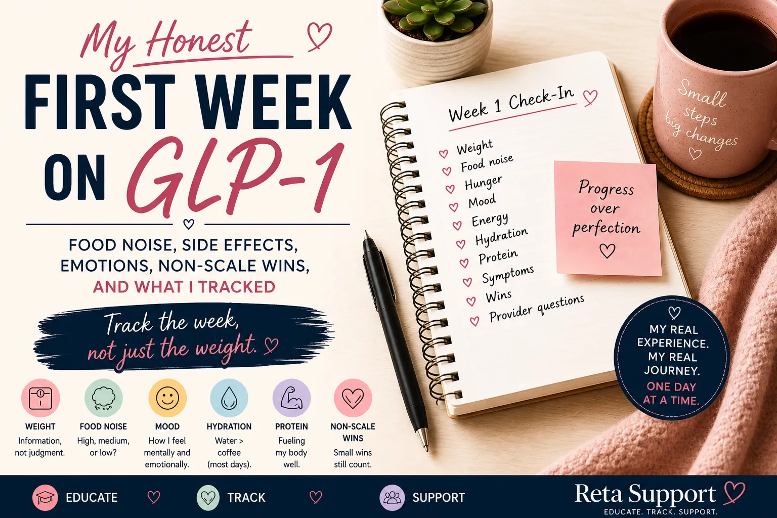 GLP-1 journey first week diary image with weekly tracking, food noise, hydration, symptoms, mood, and non-scale wins