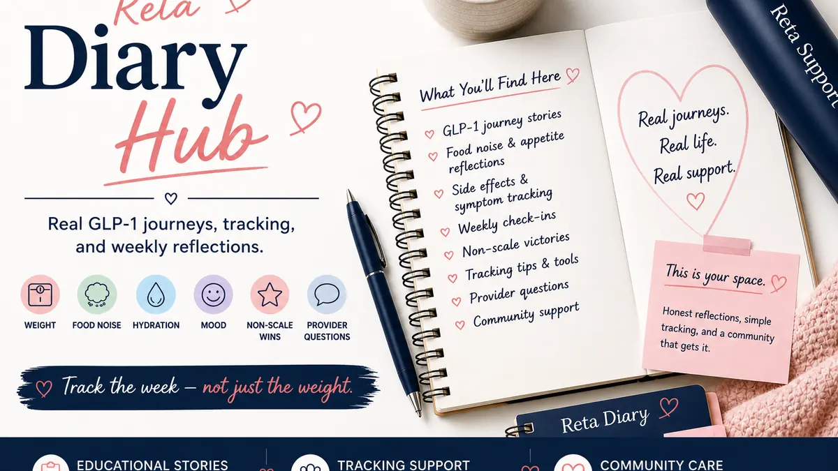 Reta Diary GLP-1 blog hub with weekly reflections, tracking support, food noise notes, provider questions, and community care