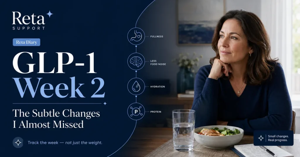 GLP-1 Week 2 Reta Diary featured image showing a woman reflecting at a table with water, protein, and tracking icons for fullness, food noise, hydration, and protein.